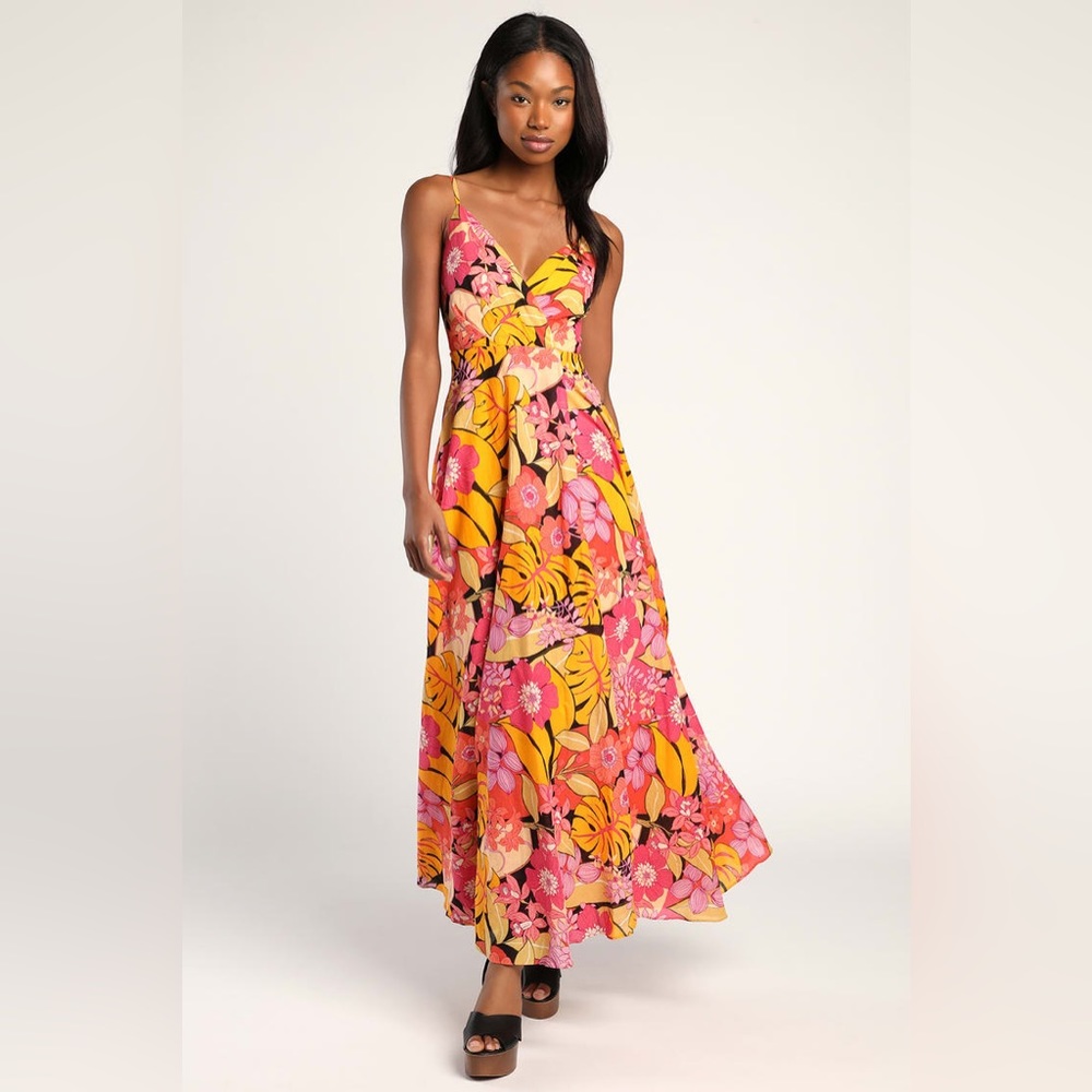 Lulus Cabo Is Calling My Name Orange Floral Print Surplice Maxi Dress
